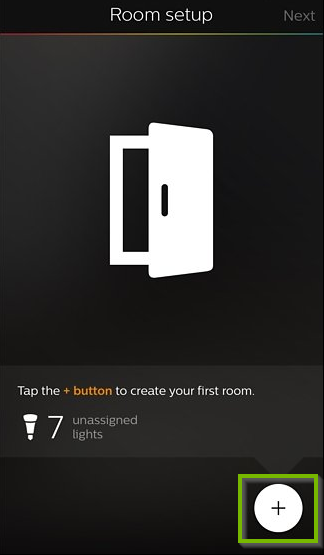 Philips Hue app with plus icon selected.