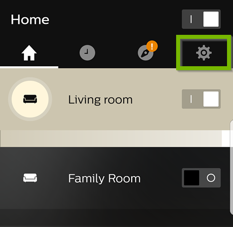 Philips Hue app with Gear icon selected in the upper right.