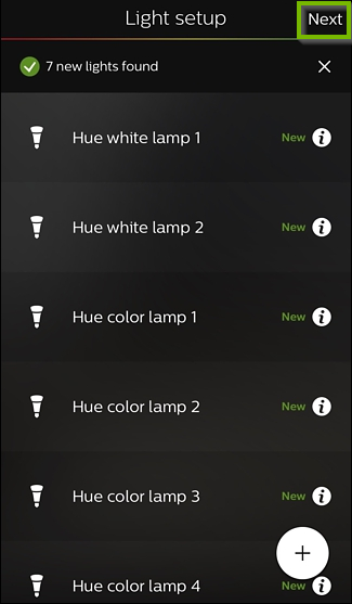 Philips Hue app with a list of detected bulbs. The next button is selected in the upper right.