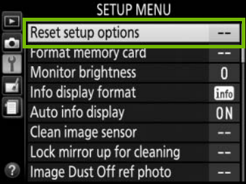 setup menu with reset setup options highlighted