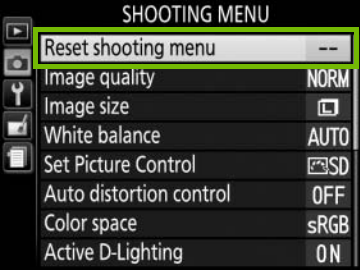 shooting menu with reset shooting menu highlighted