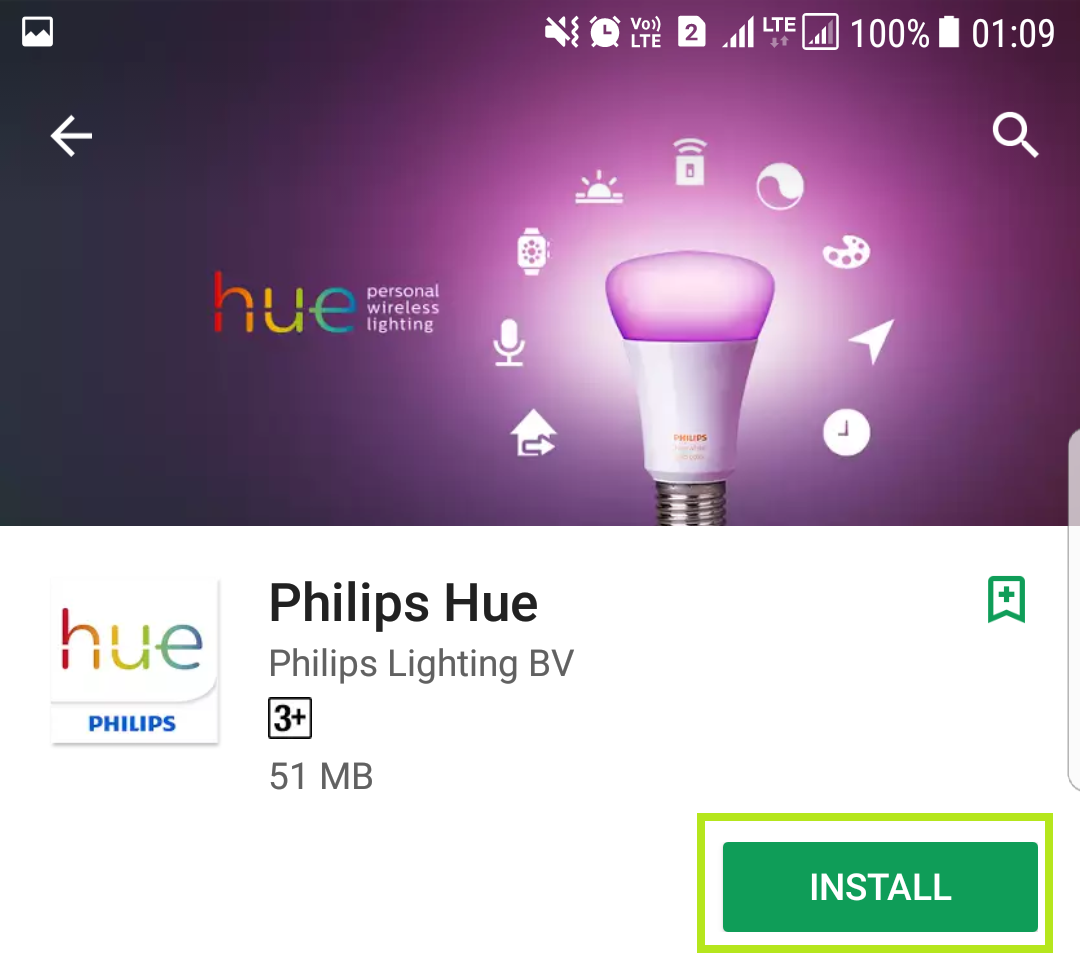 Philips Hue app store page with open highlighted