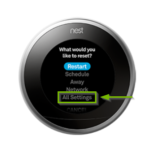 Nest thermostat reset menu with the all settings option highlighted.