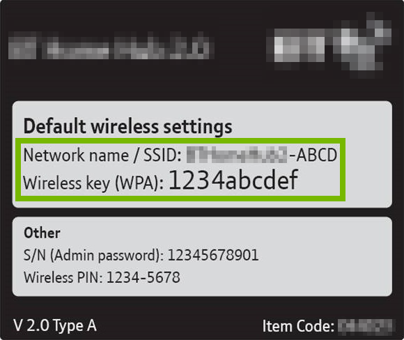 Default Wi-Fi credentials highlighted on router/gateway sticker.