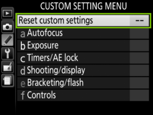 custom settings with reset custom settings highlighted