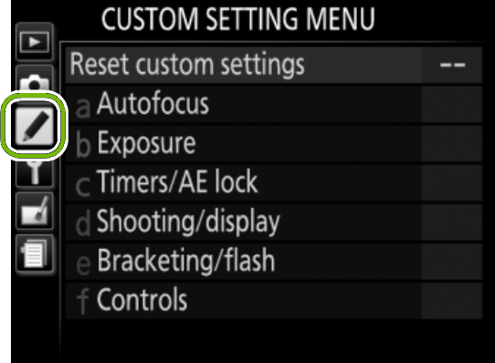 menu with custom setting highlighted