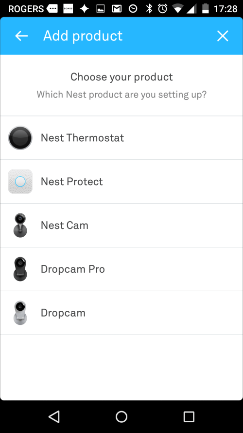 Nest app add product screen. Screenshot.
