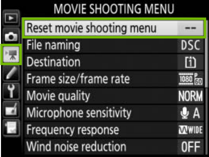 movie menu with reset movie shooting menu highlighted