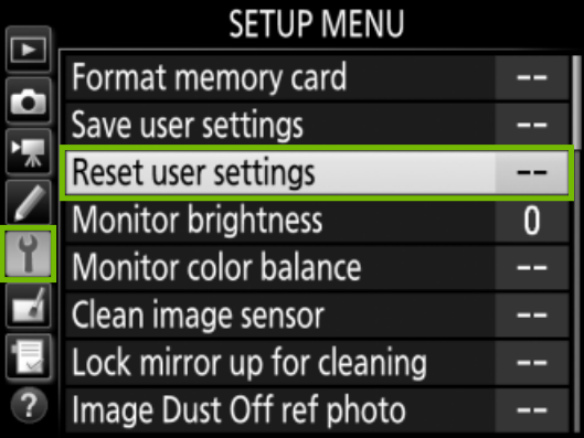 Setup menu reset user settings highlighted