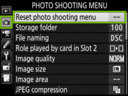 Shooting Menu reset photo shooting menu highlighted