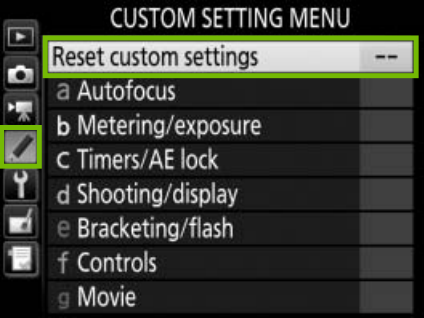 custom settings menu with reset custom settings highlighted