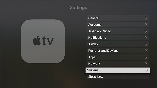 Apple TV settings page showing System highlighted.