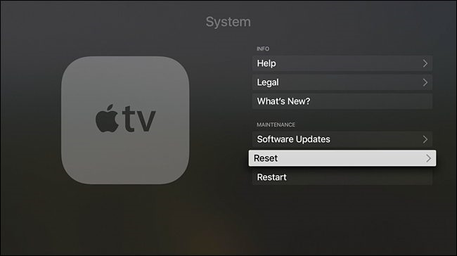 Apple TV system settings showing Reset highlighted.