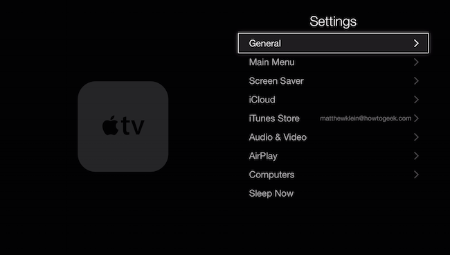 Apple TV settings page showing General highlighted.