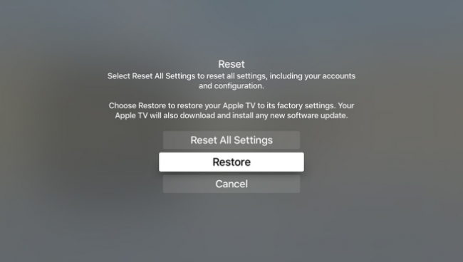 Apple TV reset options to Reset or Reset and Update.