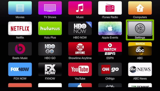 Apple TV home page showing Settings highlighted.