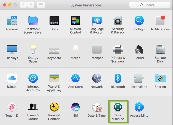 System Preferences window with Time Machine selected. Screenshot.