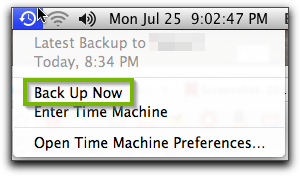 Time Machine menu with Back Up Now selected. Screenshot.