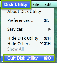 Disk Utility menu with Quit Disk Utility selected. Screenshot.