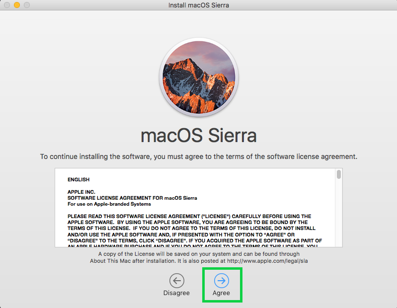 macOS Sierra Terms of Service with Agree selected. Screenshot.