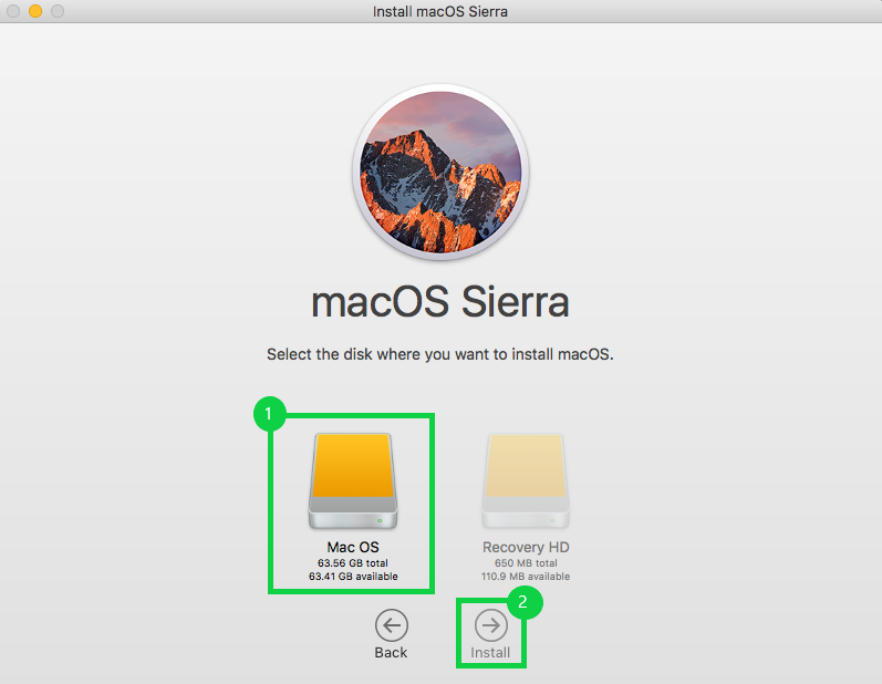 macOS Sierra installation prompt for which drive to install on. A drive is highlighted and Install button is selected. Screenshot.