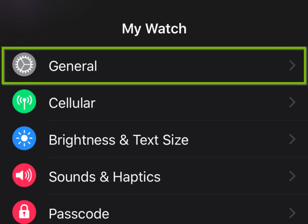Apple watch app my watch screen with general highlighted.