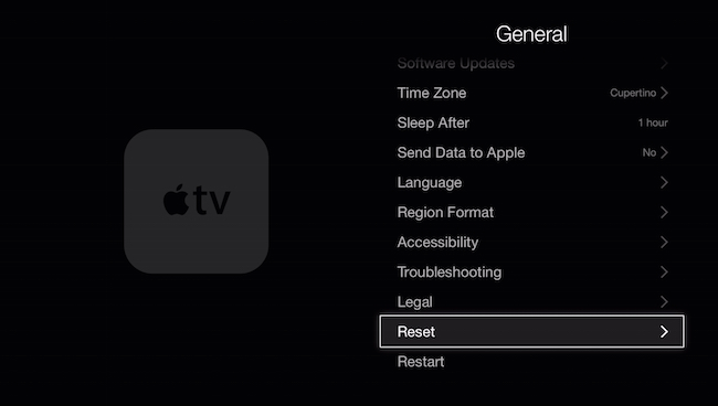 Apple TV system settings showing Reset highlighted.