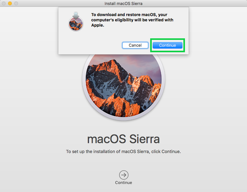 Verify eligibility propmt with Continue selected. Screenshot.