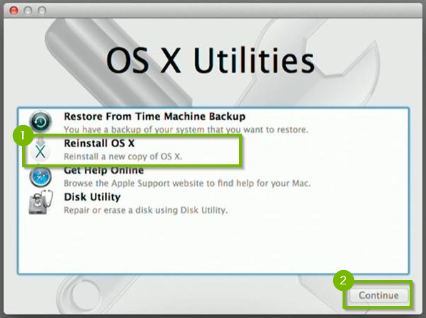 macOS Utilities with Reinstall OS X option and Continue button selected. Screenshot.