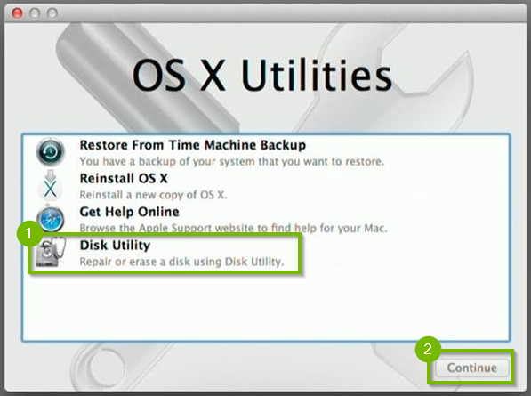 macOS Utilities with Disk Utility option and Continue button selected. Screenshot.
