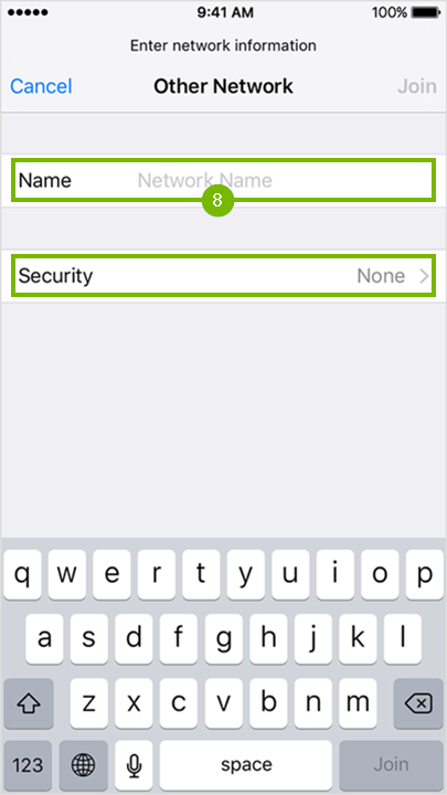 iPhone other network menu where the user is being prompted to enter their Wi-Fi network name and select a security type.