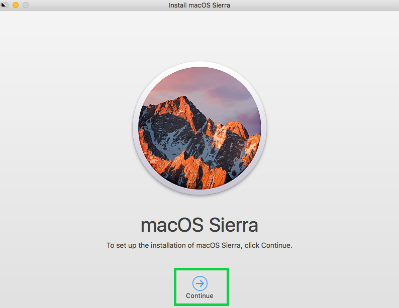 macOS Sierra reinstall screen with Continue button selected. Screenshot.