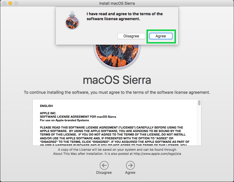 macOS Sierra Terms of Service with Agree button selected. Screenshot.