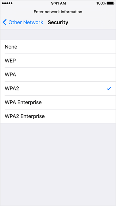 iPhone security menu displaying all selectable security types for your Wi-Fi network.