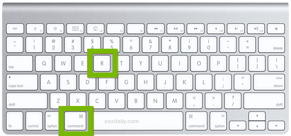 Mac keyboard with Command and R keys highlighted.