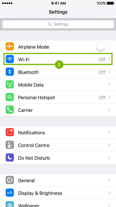 iPhone settings screen with the Wi-Fi option highlighted.