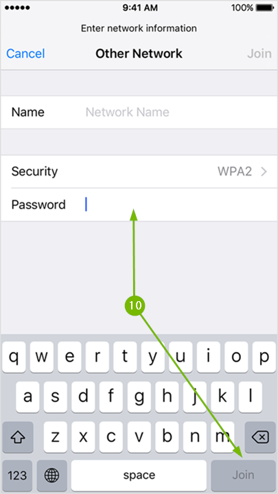 iPhone other network menu displaying the user being prompted to type in their Wi-Fi network password.