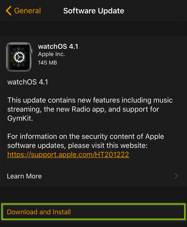 Apple watch software update screen displaying an available update.