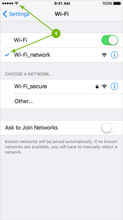 iPhone Wi-Fi menu highlighting the Wi-Fi connection icon across the top and a check mark to the left of the Wi-Fi network name the device is currently connected to.