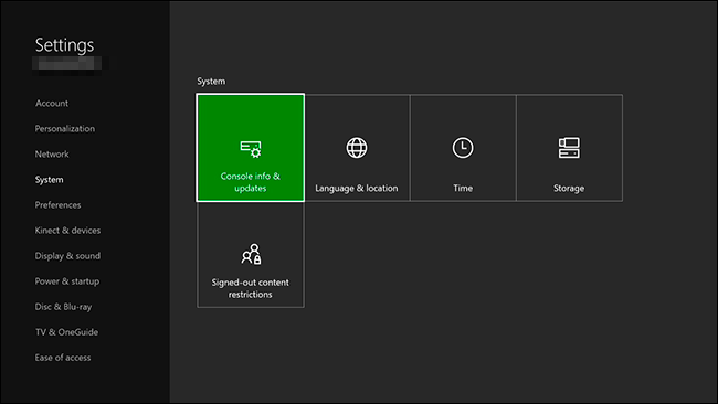 Settings menu with Console Info and Updates selected. Screenshot.