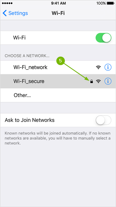 iPhone Wi-Fi menu highlighting the small padlock to the right of each Wi-Fi network name.