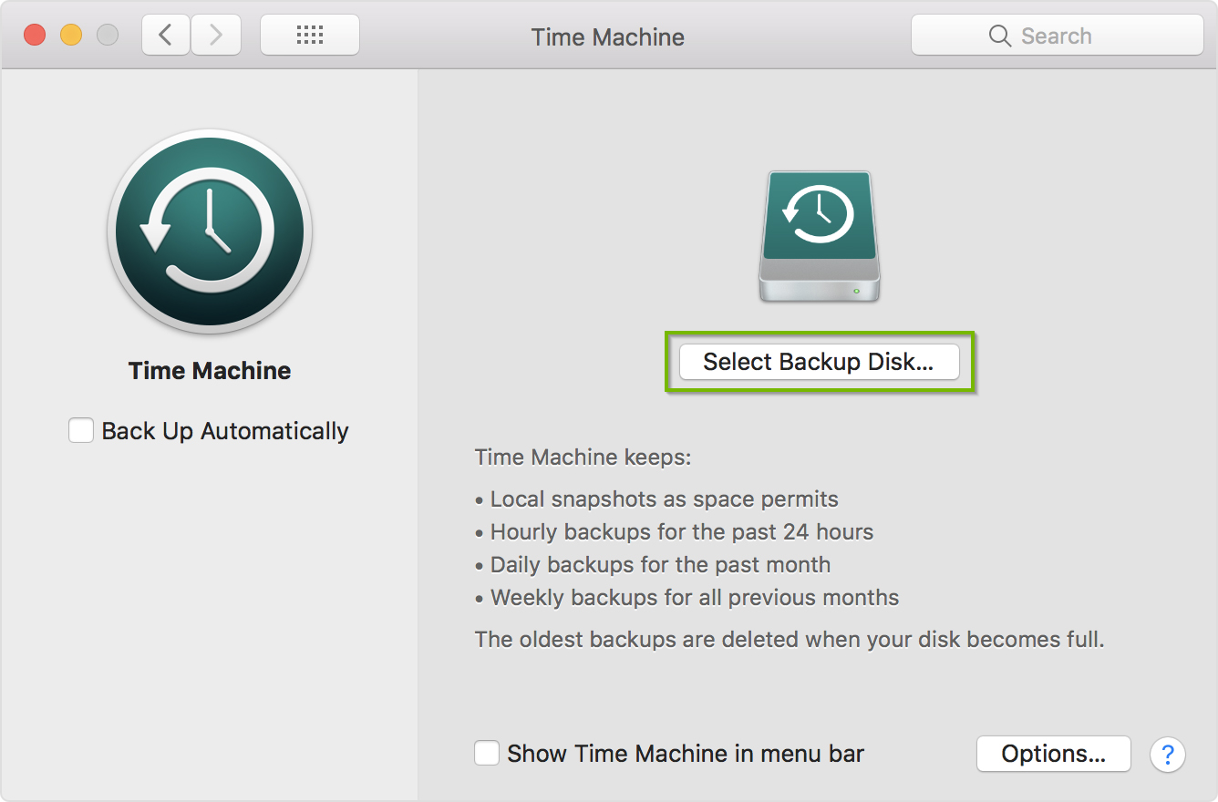 Time Machine screen with Selected Backup Disk button selected Screenshot.