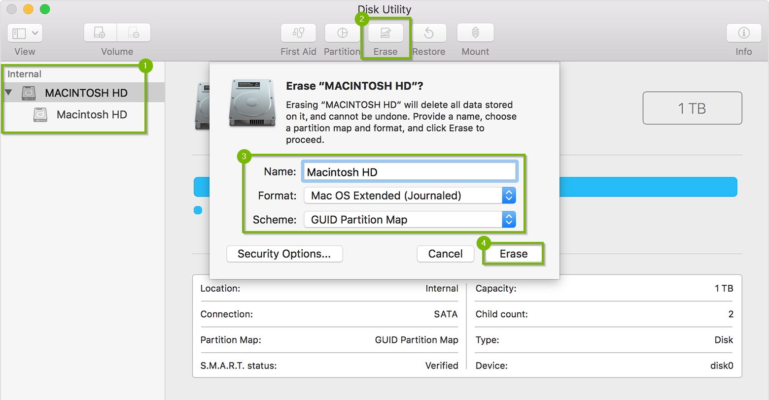 Erase option being used on selected hard drive within Disk Utility. Screenshot.