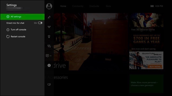 Xbox Settings menu with All Settings selected. Screenshot.
