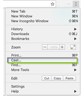 Selecting the Cast choice from the Google Chrome menu.