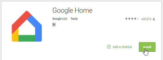 Google Home app page with Install highlighted