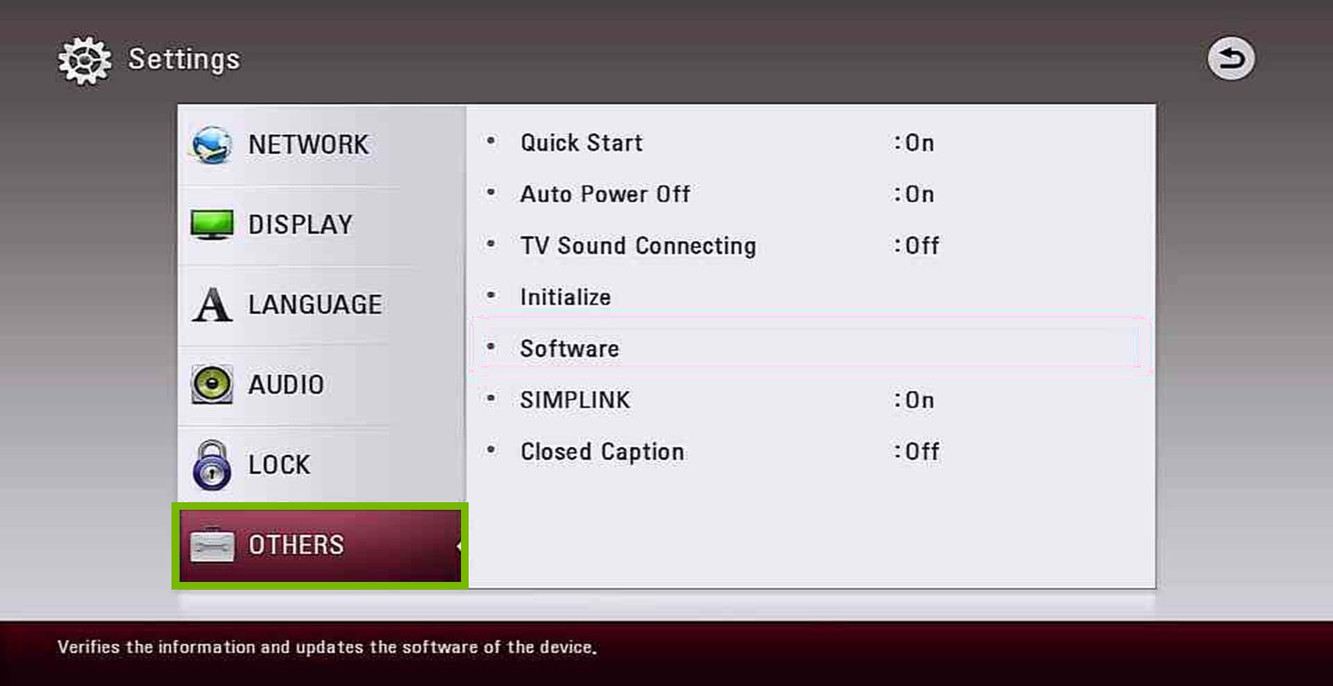 Settings menu with Others option selected. Screenshot.