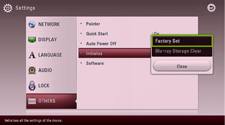 Initialize menu with Factory Set selected. Screenshot.