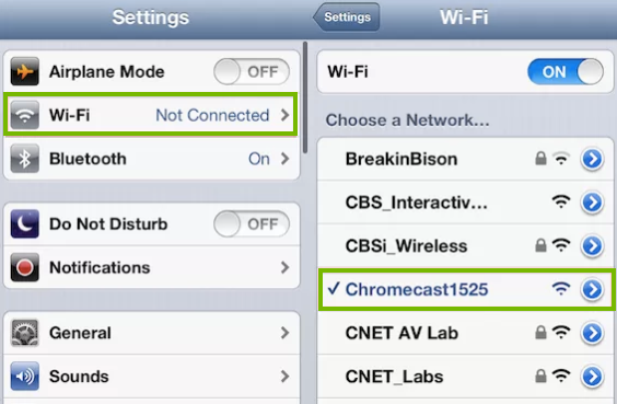 iOS device setttings screens, Wi-Fi and Chromecast highlighted