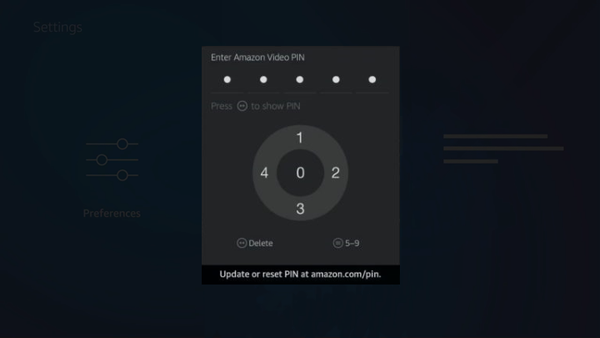 PIN entry screen for Fire TV parental controls.